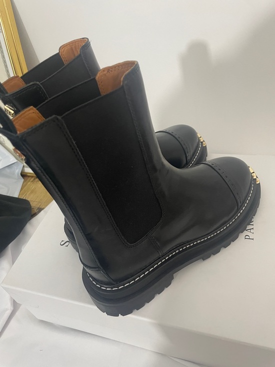 Sandro Black Leather Lace-Up Boots with Gold Toe Accents - Picture 3 of 4